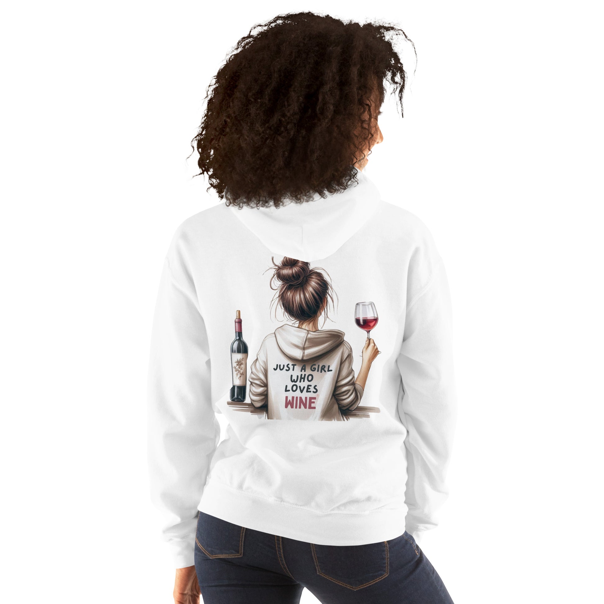 A woman with curly hair, seen from behind, wears the "Just a Girl who Loves Wine Hoodie" featuring an illustration of a woman holding a wine glass and bottle. The hoodie displays the text: Just a girl who loves wine.